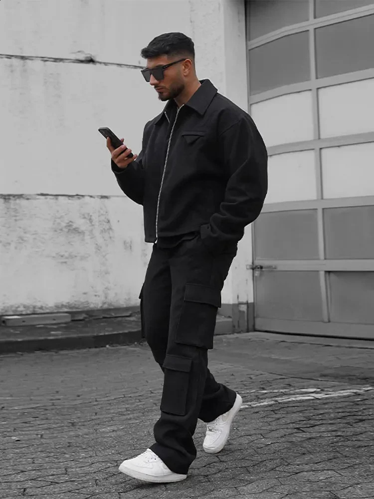 Mens Solid Lapel Long Sleeve Jackets Fashion Pocket Zipper Oversize Outerwear Autumn Man High Quality Street Warm Coat 240821