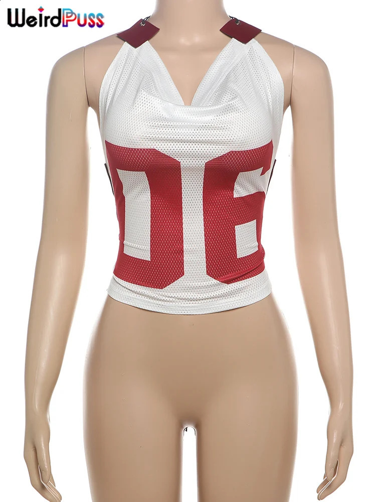 Weird Puss Mesh Halter Crop Tops Woman Summer Bandage Backless Patchwork Number Print Swing Collar Party Streetwear Skinny Vest 240821