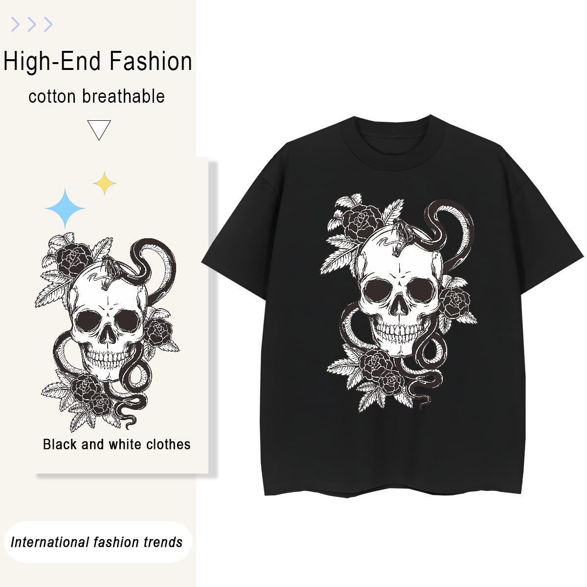 Casual New Woman T Shirts 230g 100% Cotton Short Sleeve O-Neck Home Outdoor skull Women Tshirts Popular Cartoon Print Tee Shirt