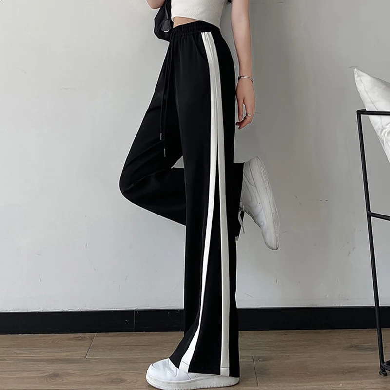 Side Stripe Sweatpants Y2k Women Summer Korean Style High Waist Streetwear Harajuku Straight Wide Leg Pants Casual Trousers 240821