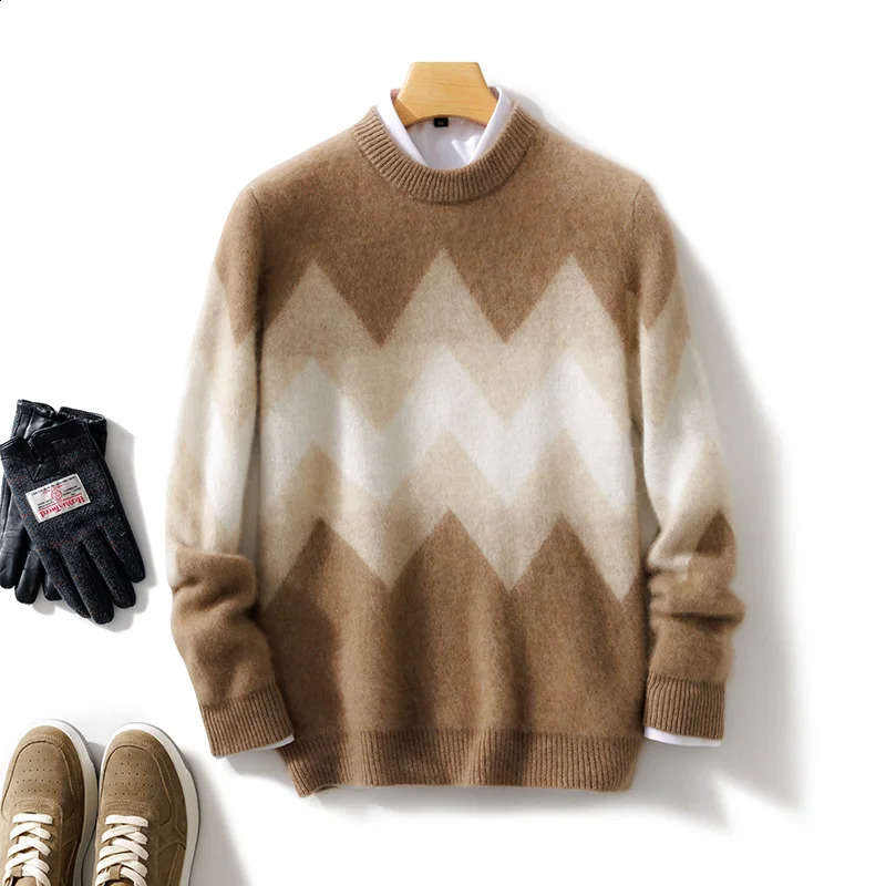 100% Merino pure wool mens round neck floral autumn and winter knitted retro sweater 240821