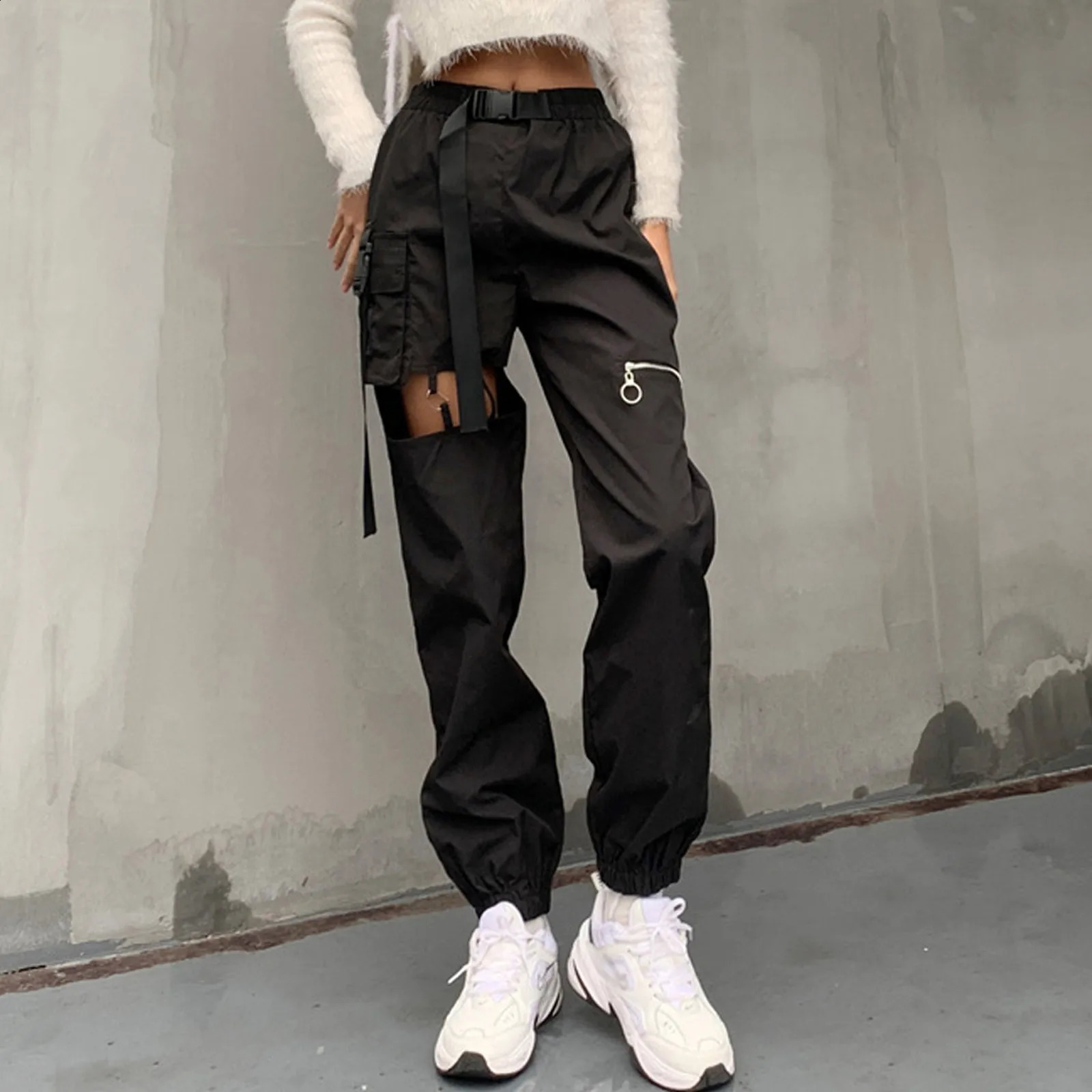 Sweatpants Women Autumn Cargo Pants Hollow Punk Workwear Belt Buckle High Waist Zipper Pants Y2k Street Retro Loose Pants 240821