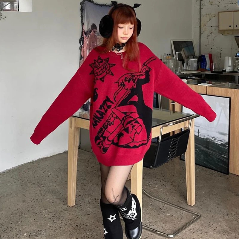 Y2K Harajuku Retro Cartoon Anime Knitted Sweater Mens Winter Super Large Rock Hip Hop Rap Jumping Womens Top 240821