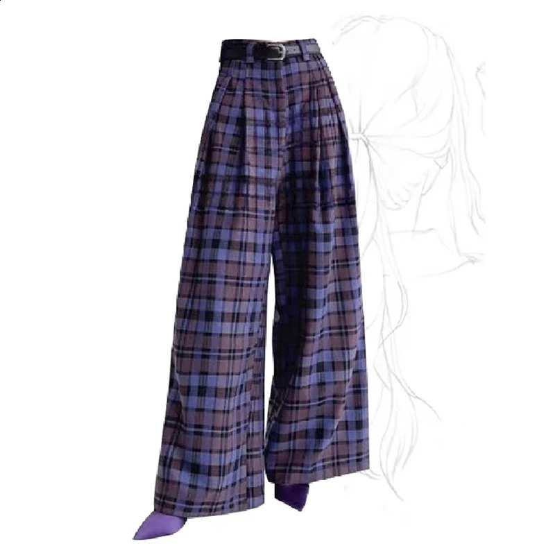 Purple Plaid Pants For Women Casual Korean Fashion High Waist Wide Leg Y2k Streetwear Vintage Loose School Trousers Summer 240821