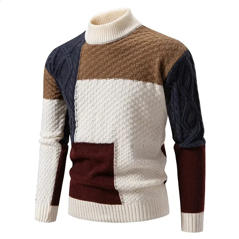 Mens Knitted Sweater Fashion Splicing Warm Half Collar Couple Christmas Pullover Plain 240821