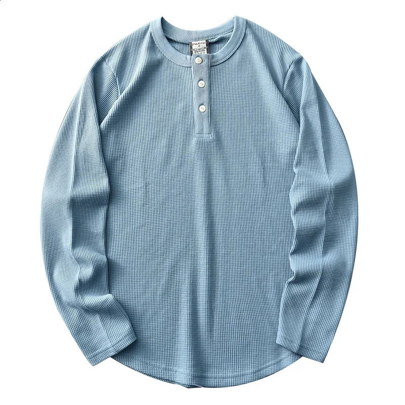 Autumn Long Sleeve Henry Collar Waffle Solid Color T-shirt Mens Fashion Simple 100% Cotton Washed Old Loose Casual Tops 240822