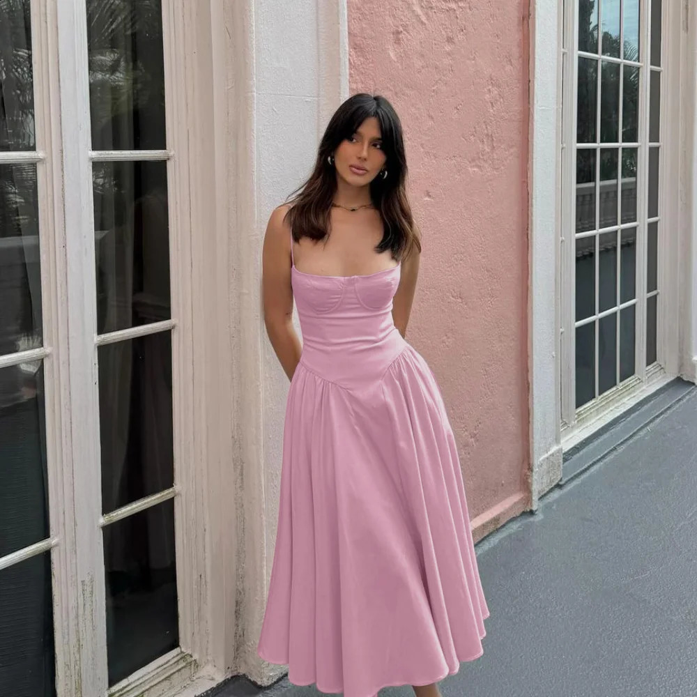Drop Pink Summer Dress Arrivals Spaghetti Strap Elegant Midi Dress Fit and Flare Dress Sexy Womens Clothing 240822