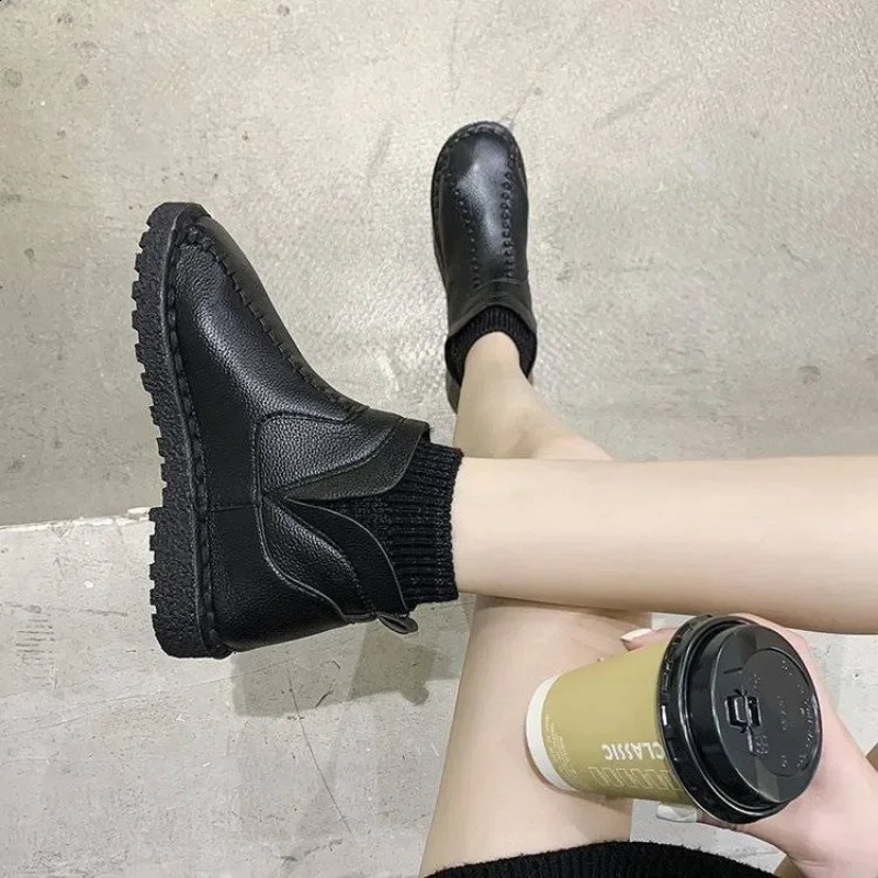 Ladies Snow Boots Black Sock Work Round Toe Female Shoes Elastic Comfrtable Sale Y2k 39 On Offer Stylish Pu Trend 240820