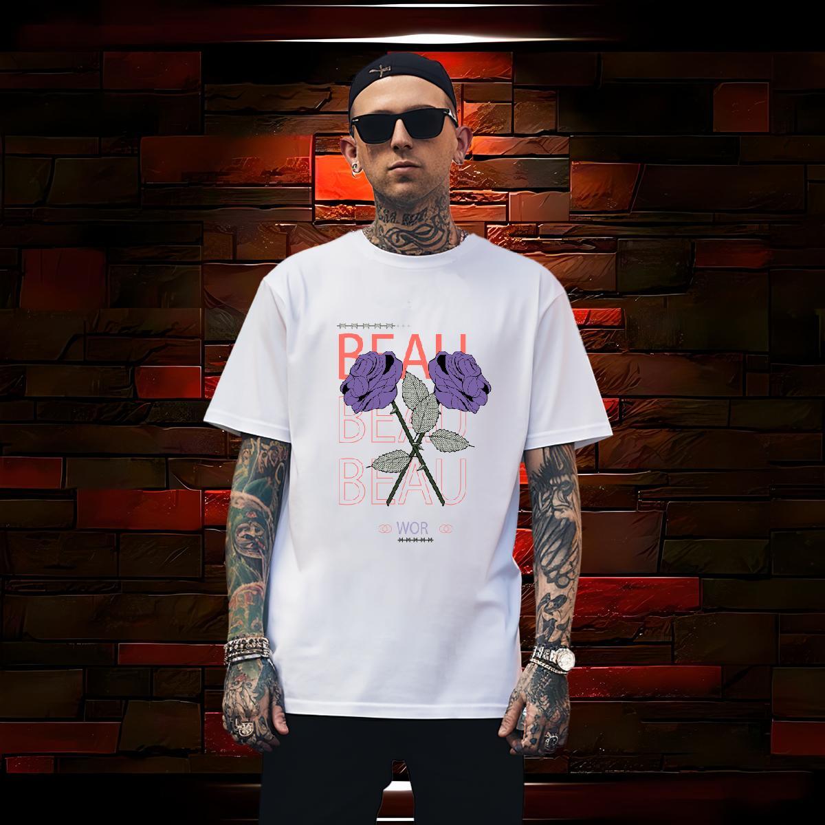 Wholesale flower T-Shirts for Men Street Men Tshirts 230g Pure Cotton Fashion Crew Neck Black Oversized Clothings