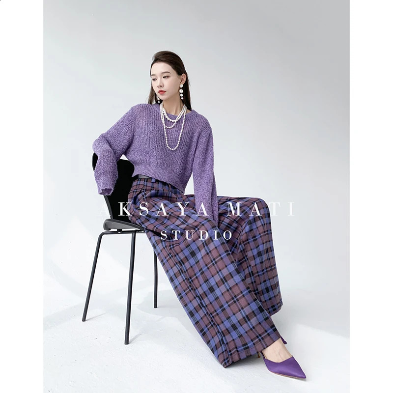 Purple Plaid Pants For Women Casual Korean Fashion High Waist Wide Leg Y2k Streetwear Vintage Loose School Trousers Summer 240821