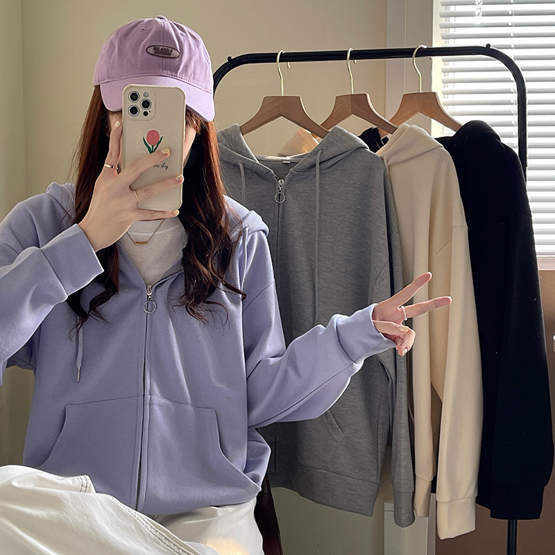 Spring and Autumn Korean edition solid color zipper cardigan casual jacket long sleeved sweatshirt women's BF style loose hooded top trendy dongd