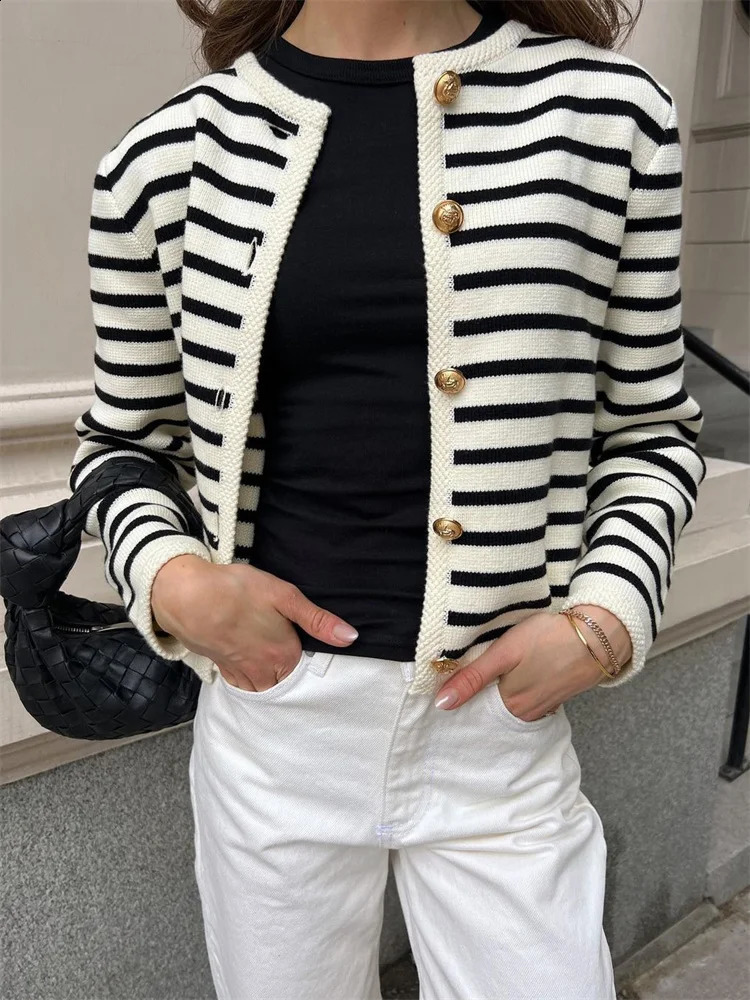 Tossy Striped Knit Sweater Cardigan Coat Female Loose Long Sleeve Fashion Slim Patchwork Contrast Outwear Summer Knitwear Coat 240822