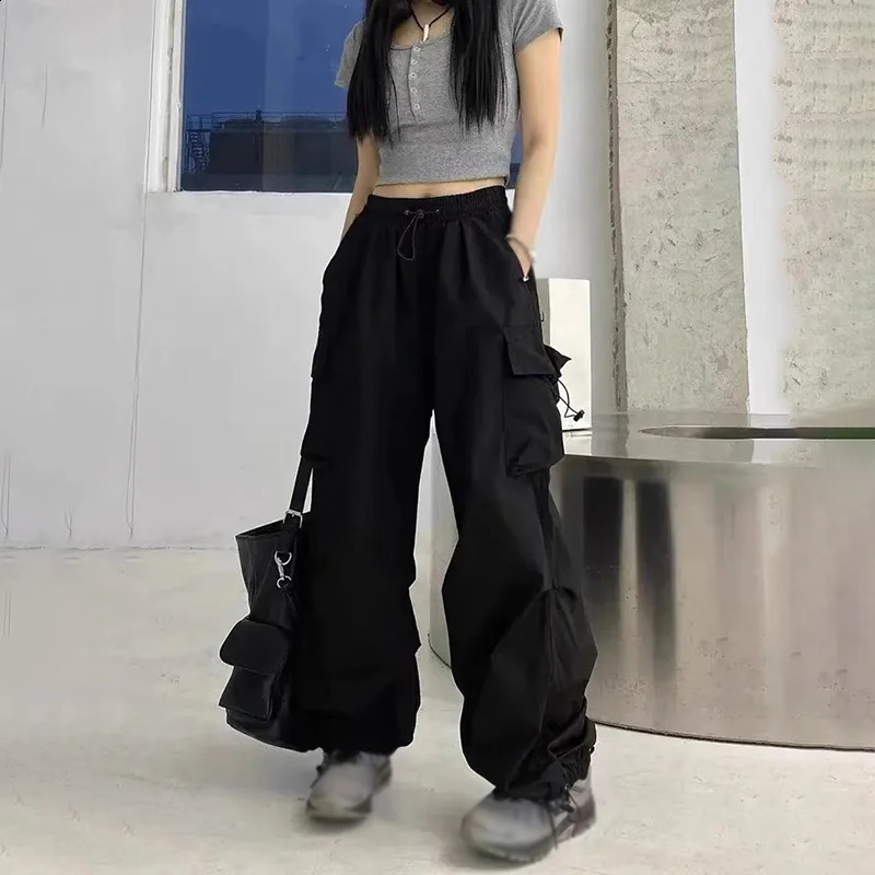 Women Y2K Cargo Pants Casual High Waist Big Pockets Hip Hop Trousers Female Streetwear Drawstring Baggy Oversized Sweatpants 240821