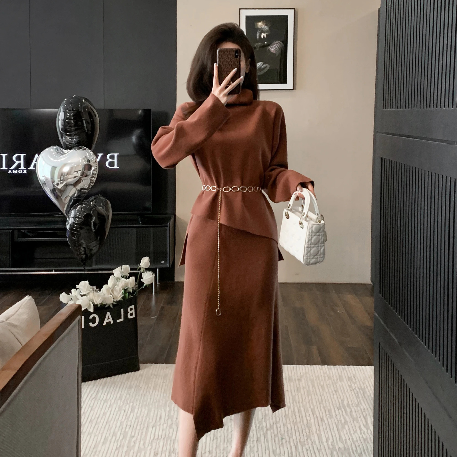 ZJYT Autumn Knitted Dress Set 2piece Womens Fashion Long Sleeve Navy Blue Neck Sweater and Belt Tight Clothes 240821