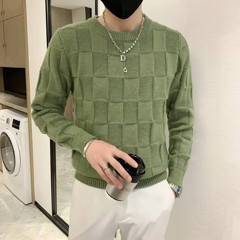 Korean Autumn/Winter Sweaters Mens O-Neck Solid Chessboard Pattern Fashion Casual Loose Long Sleeve Pullovers Knitted Tops 240821