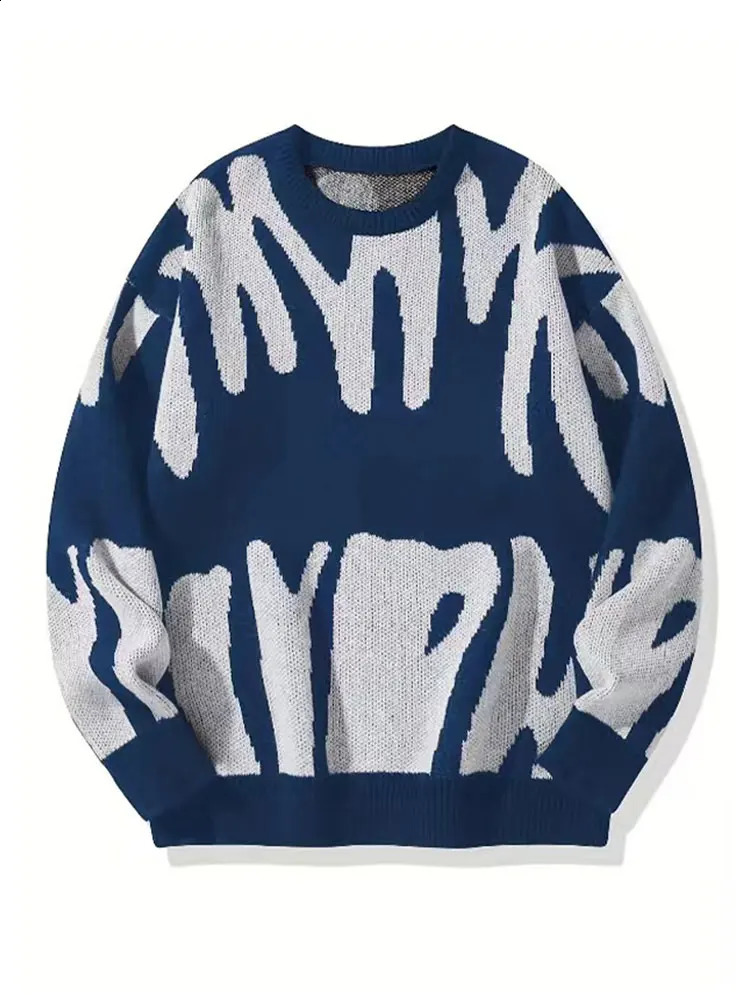 Autumn and Winter Abstract Letter Jacquard Sweater Mens Color Contrasting Round Neck Retro Loose Knitted Sweater 240821
