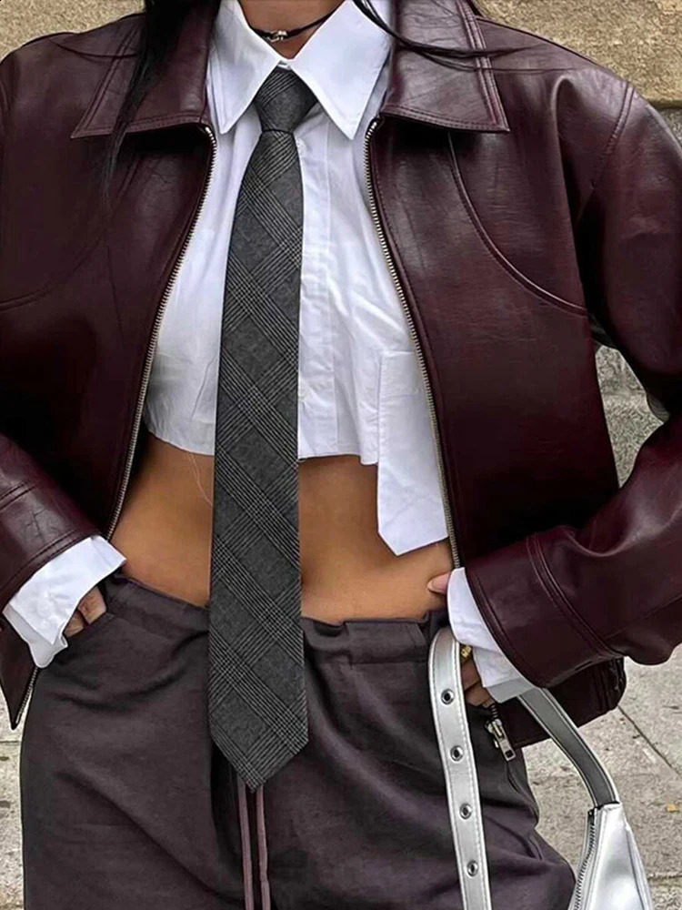 Vintage Wine Red PU Leather Jacket for Women Casual Long Sleeve Turn Down Collar Coat Autumn Long Sleeve Zipper Jackets 240821