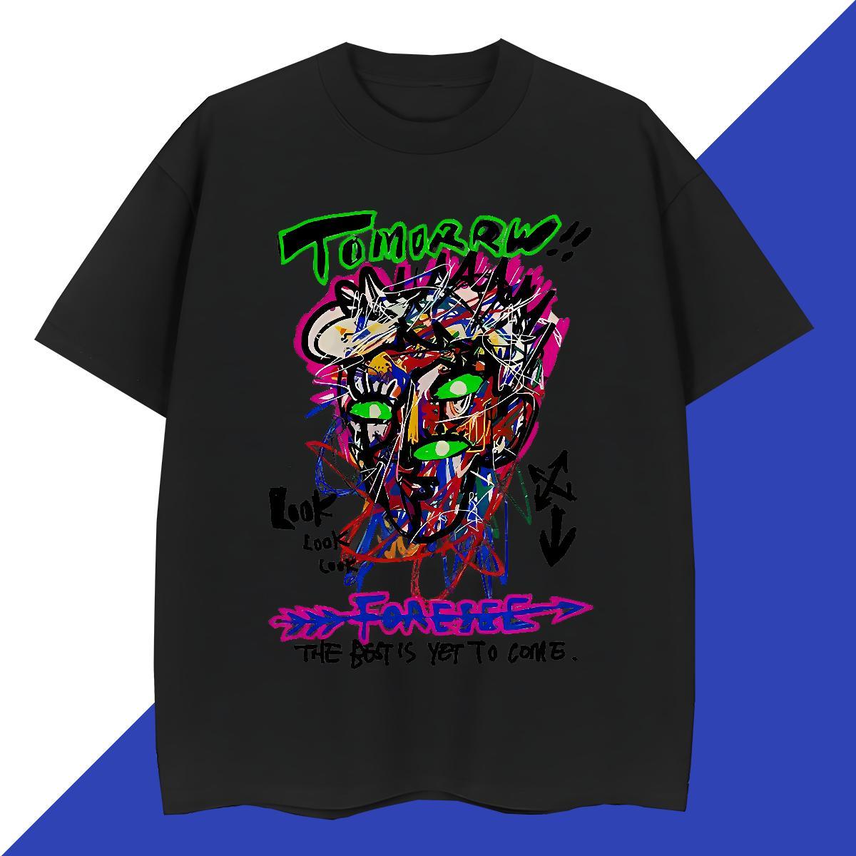 Casual New Mens Tshirts 230g Pure Cotton Hip Hop Street tomorrw Round Neck Short Sleeve T Shirt For Man Cool Cartoon Print Tees Shirts