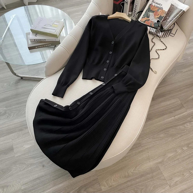 ZJYT autumn and winter knitted dress set twopiece womens fashion long sleeved Vneck cardigan sweater tight fitting black 240821