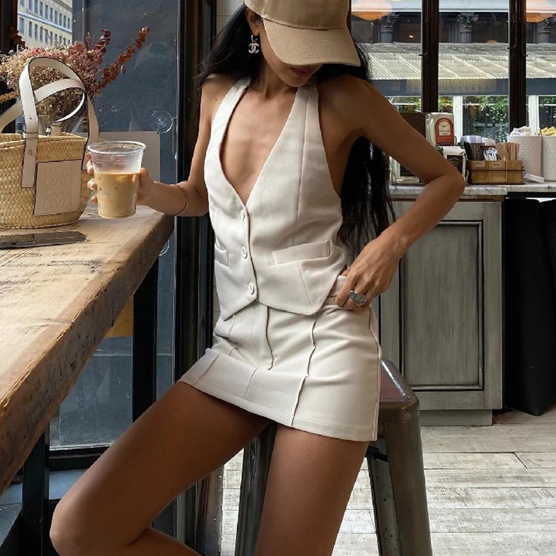 Fairycore Buttom Up Backless Halter Neck Crop Tops Mini Skirt Matching Suit Outfits sweet 2 Piece Skirt Set Streetwear 240813