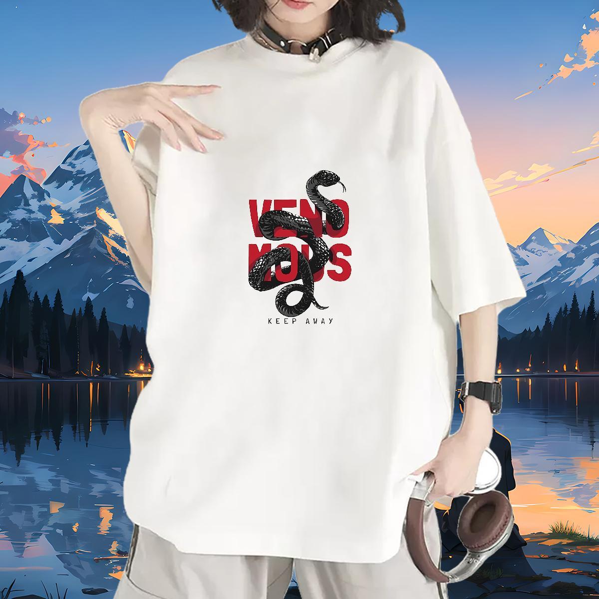 Brand T-Shirts for Women Breathable Crew Neck 230g Pure Cotton Womens Tshirts Cartoon Print snake Daily Outfit Loose Tees