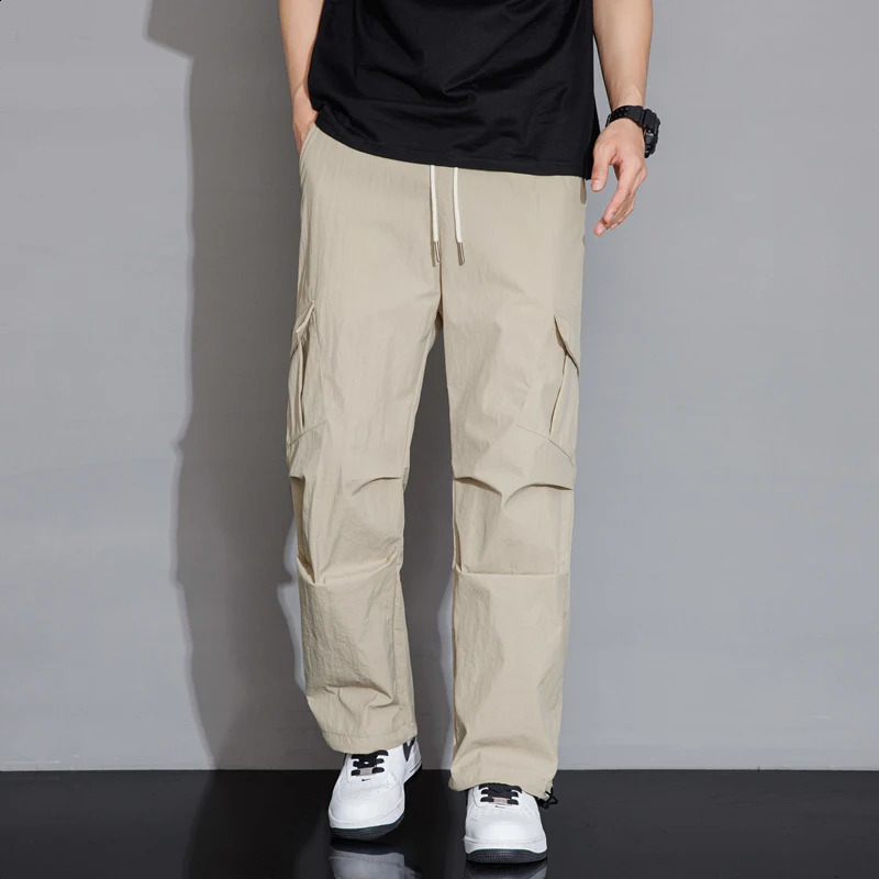 Spring Autumn Mens Solid Color Elastic High Waist Pockets Drawstring Casual Loose Trousers Cargo Straight Preppy Style Pants 240822