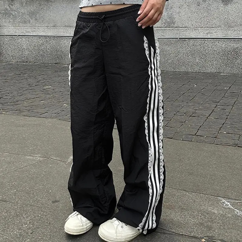 HOUZHOU Coquette Sweatpants Women Summer Y2K Vintage Lace Stripe Patchwork Elastic Waist Casual Sports Pants Trousers Streetwear 240821