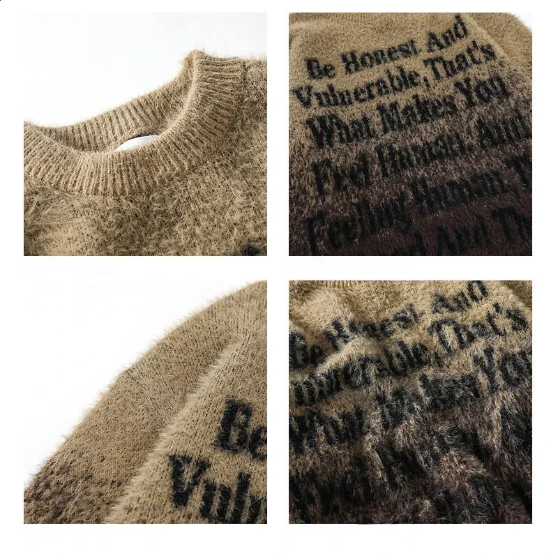 Hip hop gradient letter print knitted pullovers sweaters men and women fall and winter casual couple thickened oversize vintage 240821