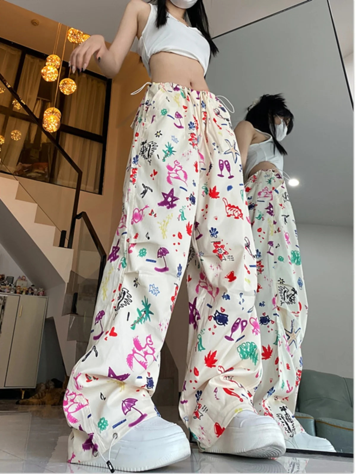 Y2K Pant Women Drawstring Pockets Graffit Wide Leg Chic Punk Pants Baggy Striped Sports Sweatpants Parachute Jogger Trousers 240821