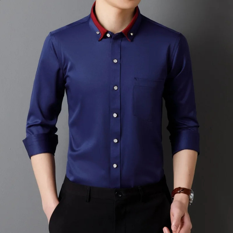 Mens Shirt Long Sleeve Elastic Wrinkle Proof Business Office Spring and Autumn Top Classic Solid royal blue -Black -White-green 240822