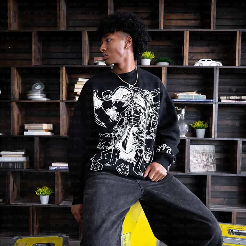 Street clothing sweater Y2K Harajuku dark cartoon hiphop graphic oversized mens Gothic jumping pulley 240821