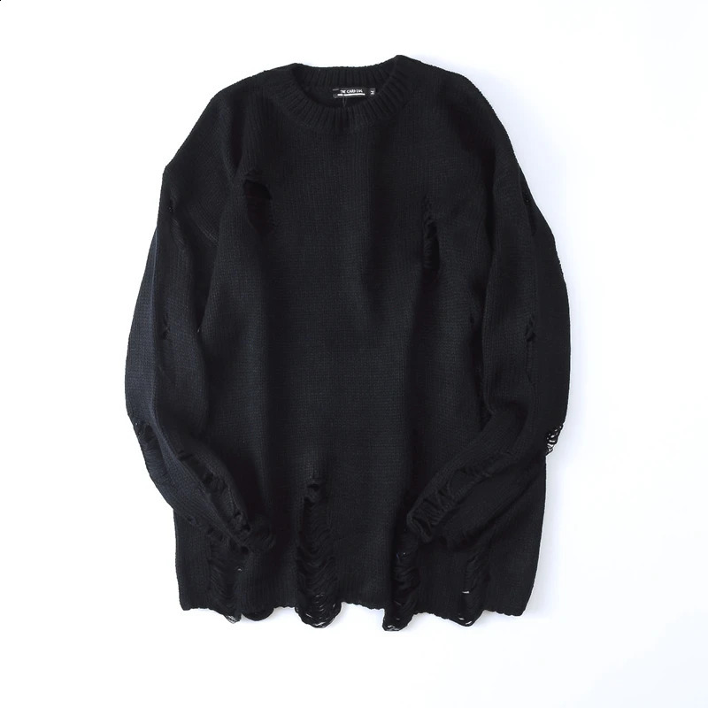 Autumn winter men fashion ripped destroyed holes sweater vintage loose pullover women couple stripe oversize punk hip hop jumper 240821