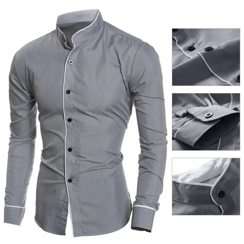 Men Casual Formal Shirt Long Sleeve Slim Business Dress Shirts Top Single-breasted Stand Collar Contrast Color Line Autumn Shirt 240822