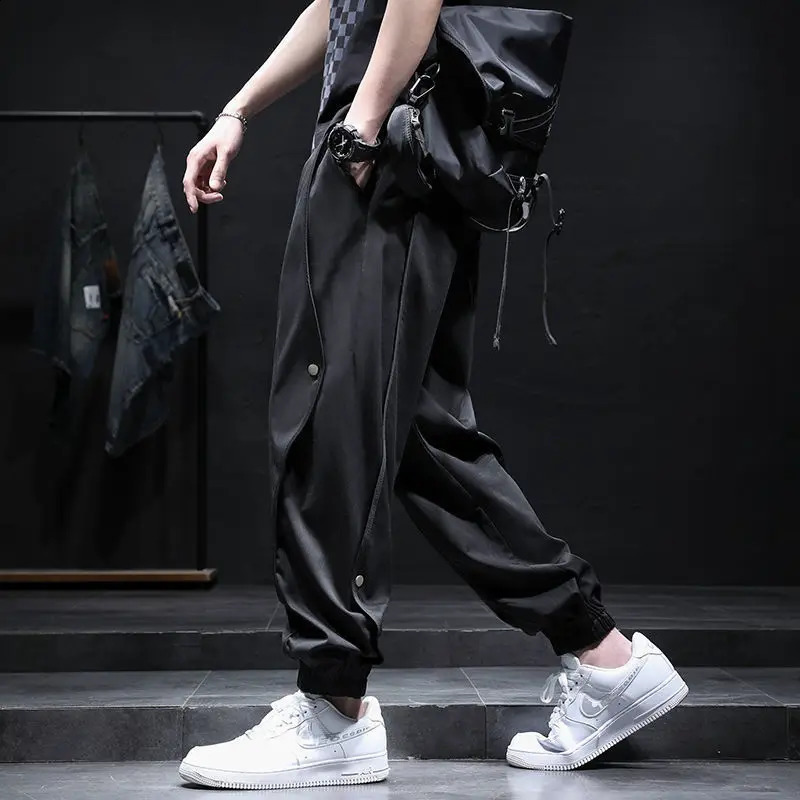 Summer Trend Mens Spliced Button Loose Casual Simplicity Solid Color Korean Version Commute Youth Harem Cargo Ninth Pants 240822