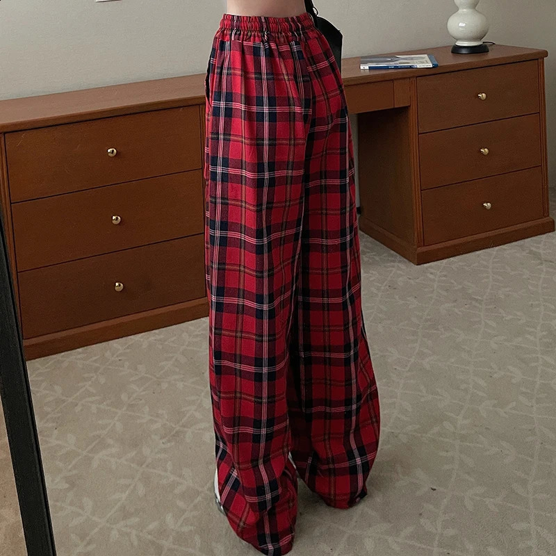 Women High Waist Y2k Loose Straight Leg Pants Lady Korean Harajuku Baggy Wide Leg Trousers Female Casual Grunge Red Plaid Slacks 240821