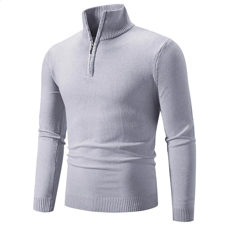 Winter mens dark gray plush zipper half high neck long sleeved sweater suitable for comfortable and diverse autumn multi colored tops 240821