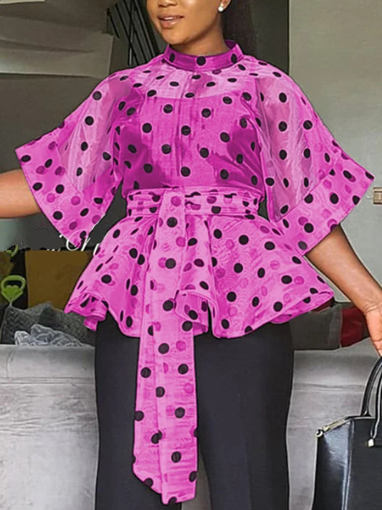 Plus Size Women White Blouses Polka Dot Peplum See Through Sexy Thin Transparent Half Flare Sleeve Waist Belt Tops Shirt Fashion 240821