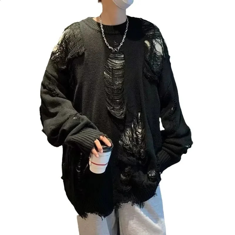 Vintage American Style Solid Color Round Neck Sweater Casual Fringed Long Sleeve Knitted Top For Men Women Loose Fit 240821