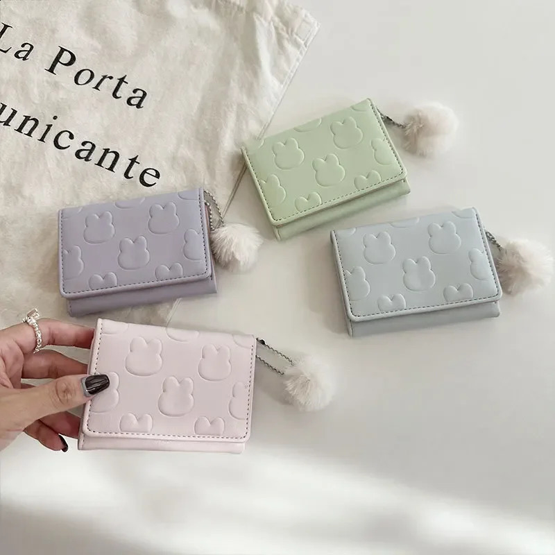 Women Short Cute Wallet Foaming Printing Rabbit Coin Purse Hairy Ball Pendant Three Fold Card Holder Girl Cartoon Clutch 240821