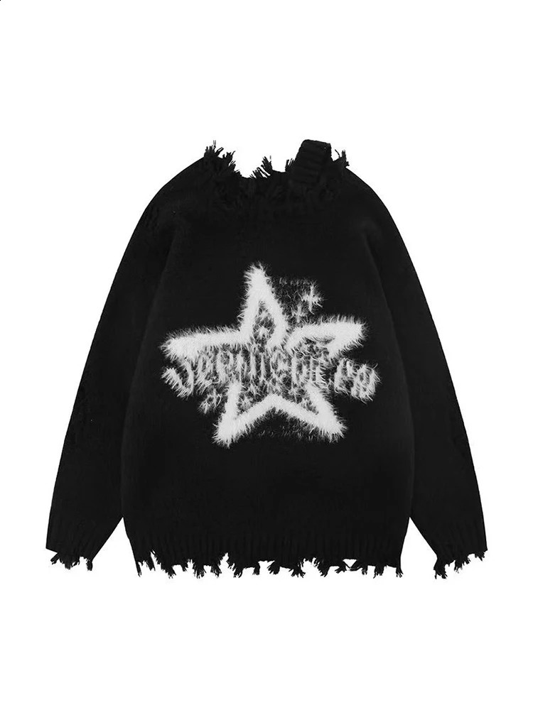 Womens black Gothic floral sweater Harajuku Korean style Y2k long sleeved skydiving knitted star retro 2000s oversized clothing 240821