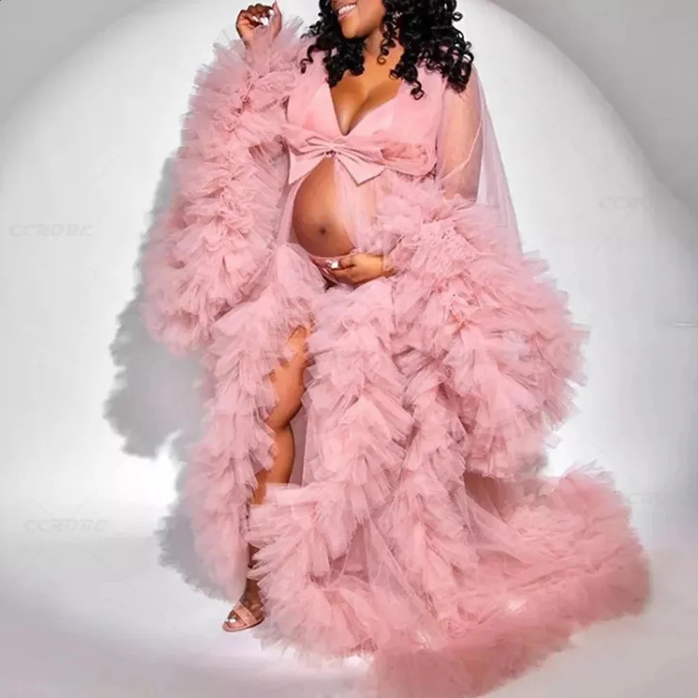 Womens Dressing Gown Perspective Sheer Long Tulle Robe Puffy Pregnancy Maternity Dress for Baby Shower Nightgown Sleepwear 240822