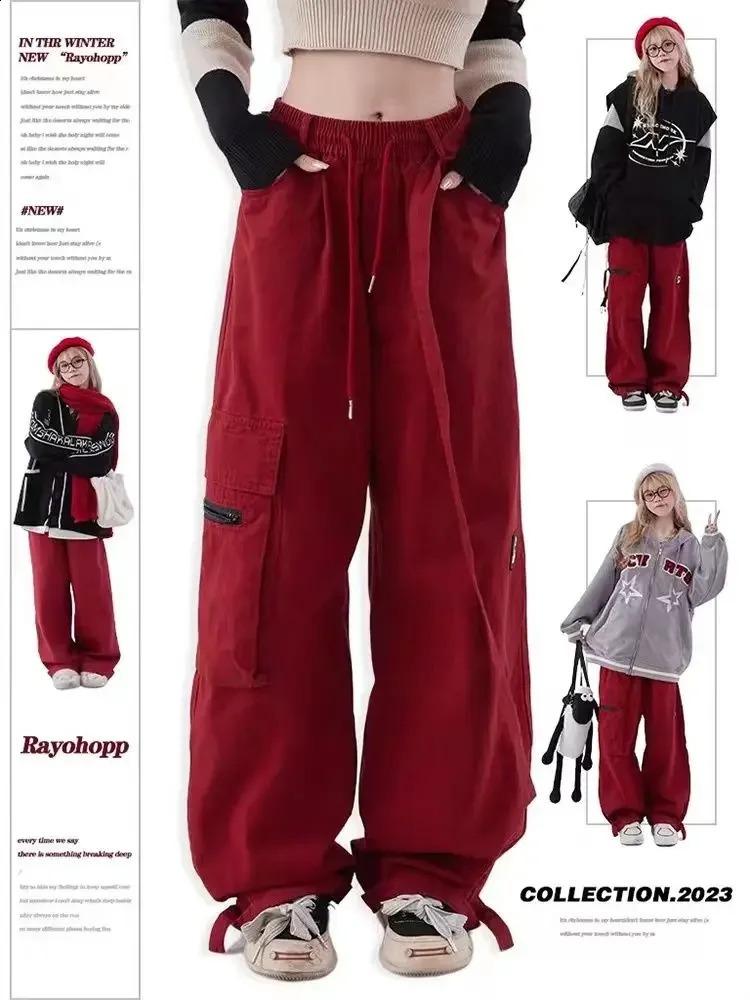 American High Street Red cargo pants Student Trend Loose sweatpants women Slim High Waist Wide Leg Pants y2k women pants 240821