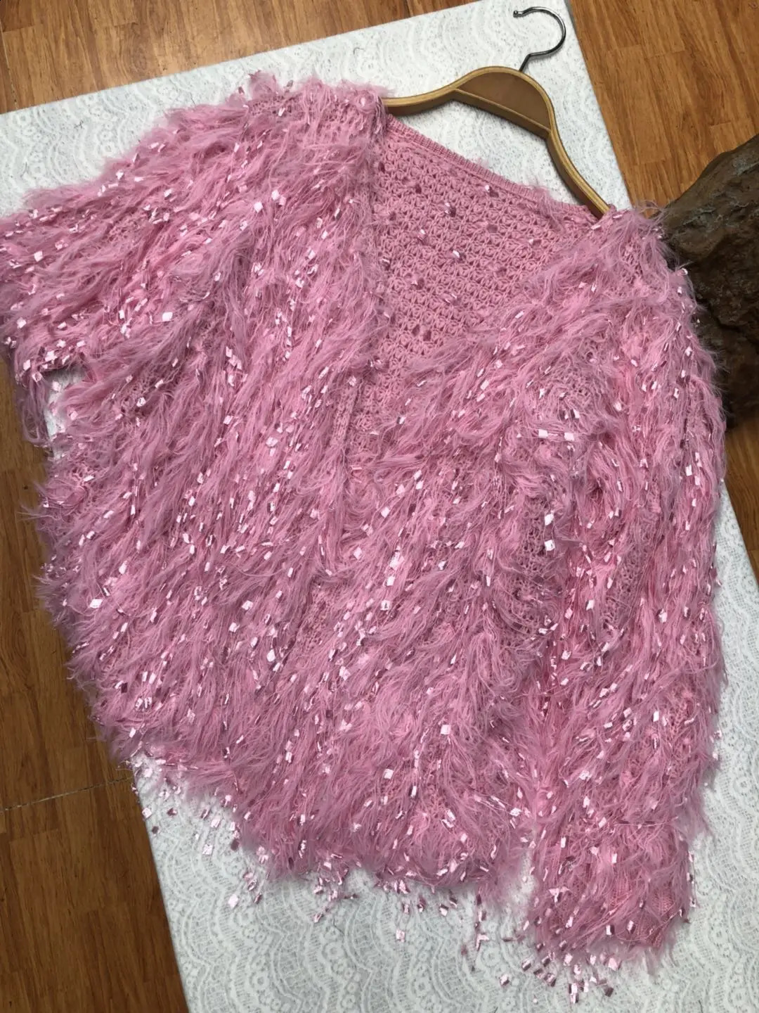 Spring and Autumn Cute Fairy Knitted Open Knitted Woolen Sweater Coat tassel V-neck Loose Fluffy Sweater Batwing Sleeve Womens Knitted Shawl 240822