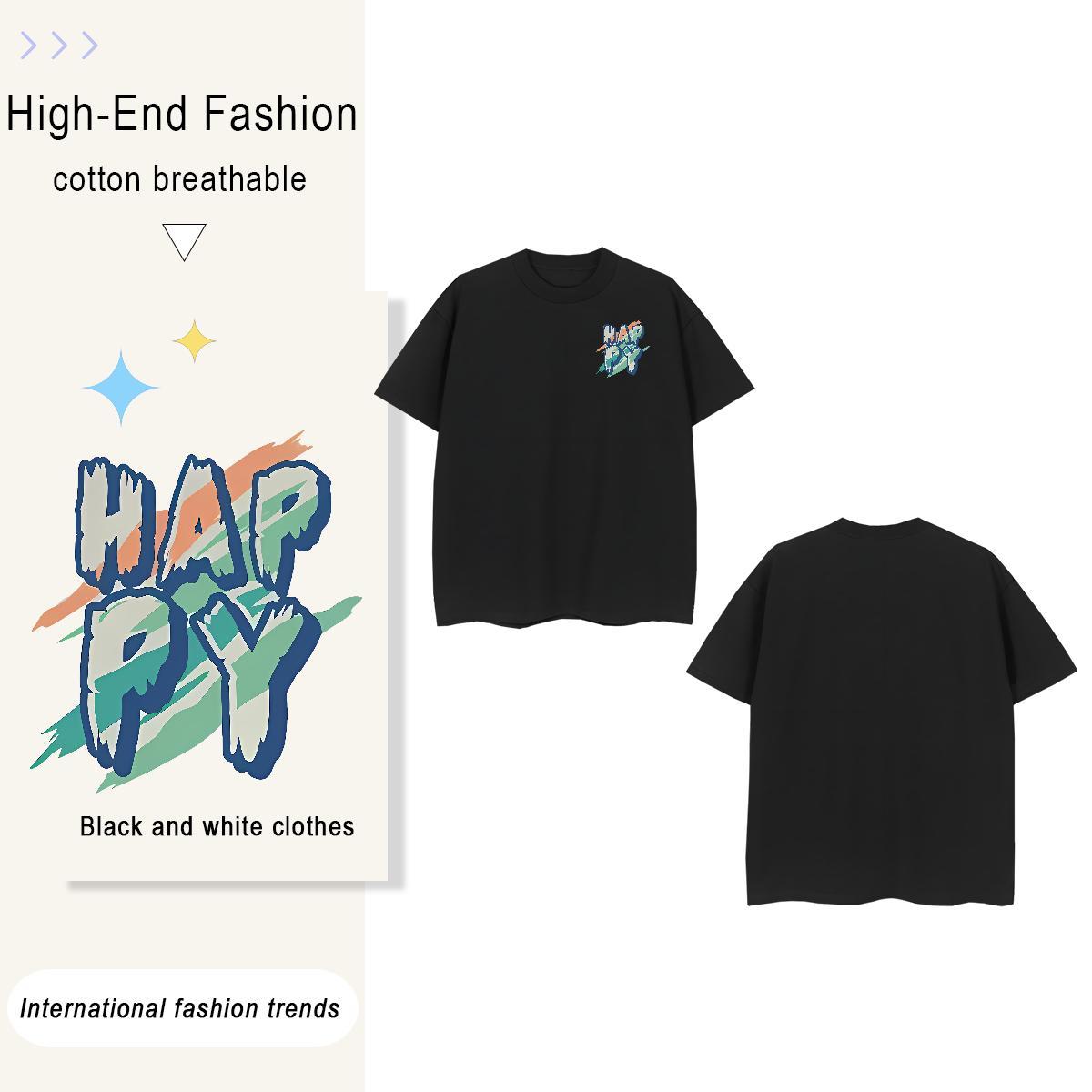 Loose Unisex Tshirts 230g Cotton happy Beach T-Shirts Breathable Soft Black Oversized Polos