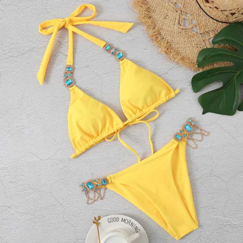 Sexy Womens Swimsuit With Rhinestones Solid Bikinis Female Swimwear Push Up Bikini Beachwear Swimming Bathing Suit Bather 240822
