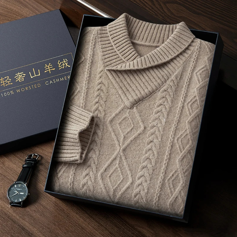 ZOCEPT Winter Mens Retro Shawl Collar Thick 100 Cashmere Sweater Long Sleeve Warm Knitted Twisted Pattern Pulling Flower 240821
