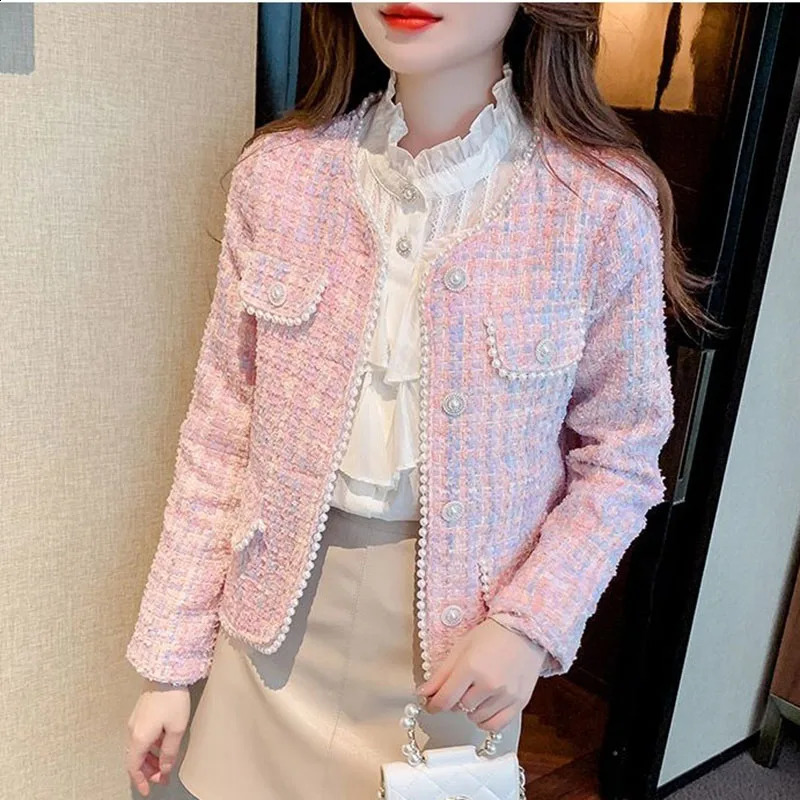 Spring Autumn Womens Woolen Coat Pink Small Fragrant Wind Coat Nailed Bead Short Jacket Tweed Coat Ladies Tops Female Outerwear 240822