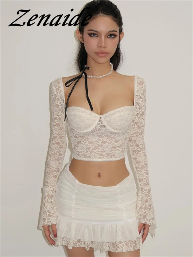 Zenaide flame long sleeved crop top pleated mini skirt 2piece set sexy lace holiday womens transparent for autumn 240821