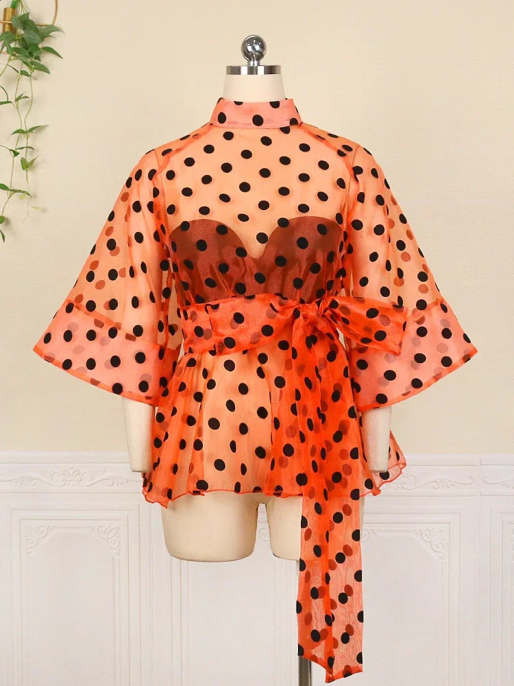 Plus Size Women White Blouses Polka Dot Peplum See Through Sexy Thin Transparent Half Flare Sleeve Waist Belt Tops Shirt Fashion 240821