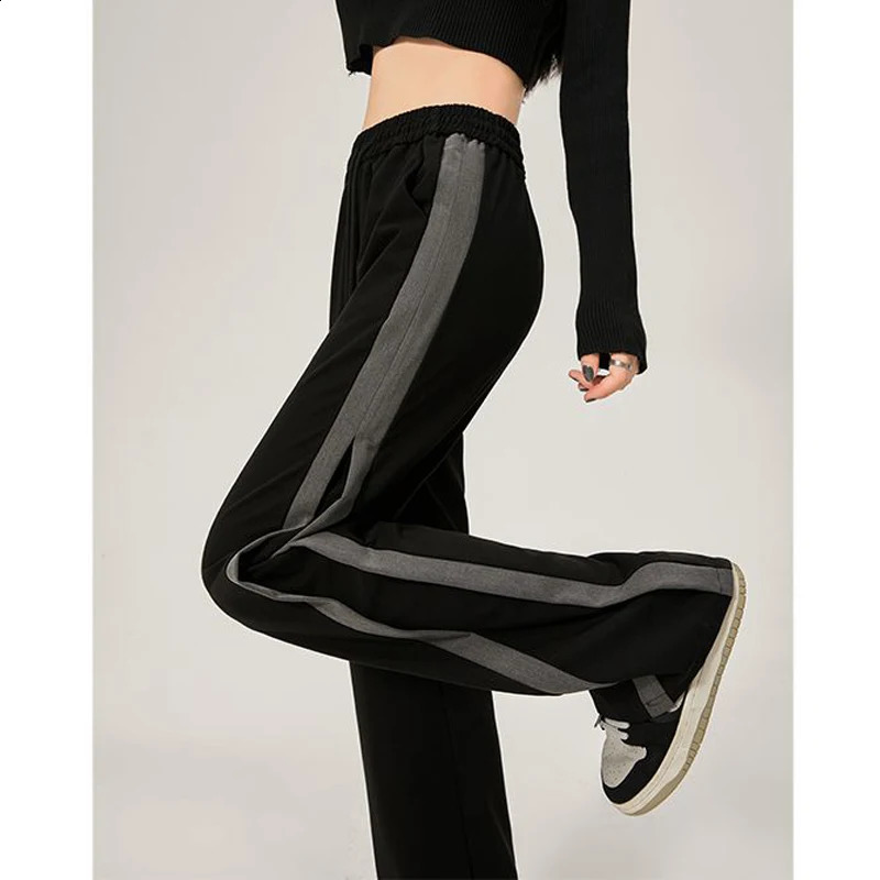 Side Stripe Sweatpants Y2k Women Summer Korean Style High Waist Streetwear Harajuku Straight Wide Leg Pants Casual Trousers 240821